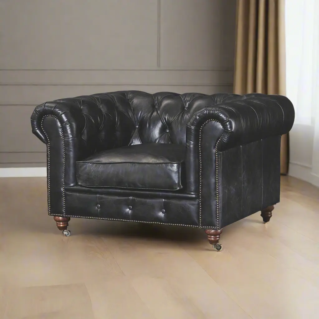 Century Retro Button Tufted Chesterfield Arm Chair - 100% Italian Quilted Leather, Deep Buttoned, Rolled Arms, Solid Back, Cushioned, Turned Legs, Front Caster Wheels, Indoor Living Room Furniture