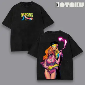 Invincible Mark Grayson X Atom Eve Comic T-shirt Superhero Action Animation Y2K Aesthetic Double Printed Graphic Vintage Wash T-Shirt Unisex Bootleg Tee Hoodie Sweatshirt