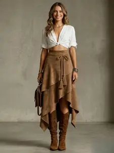 Women's Vintage Western Style Irregular Rope Tie Fringe Velvet Fitted Skirt Bottom, Casual Fashion Dress for Women, Perfect for Daily Wear & Special Occasions