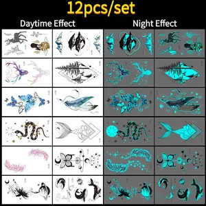 12 Blue Glow-In-The-Dark Butterfly Tattoo Stickers, Waterproof Temporary Tattoos, Body Art for Women, Music Festival Special