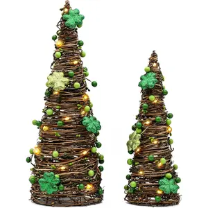 St. Patricks Day RattanTable Tree Decorations 2PACK St Patricks Day Decorations Centerpieces Tree with Led Lights Shamrock&Berryies Irish Decor Gifts Saint Patrick Day Decoration