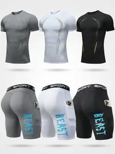 6-Piece Men's Athletic Set—Quick-Dry, Breathable, Shaping Fitness Top and Compression Shorts with Pockets—Professional Multi-Color Fitness Set for Training and Workouts