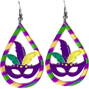 Colorful Mardi Gras Resin Acrylic Tassel Dangle Earrings Dainty Mask Feather Shape Carnival Earrings for Women Girls Jewelry
