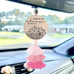 Christian  Charm Gifts for Women Men, I am with You Always Rear View Mirror Hanger with Tassel Religious  Hanging Ornament Accessories(Pink)