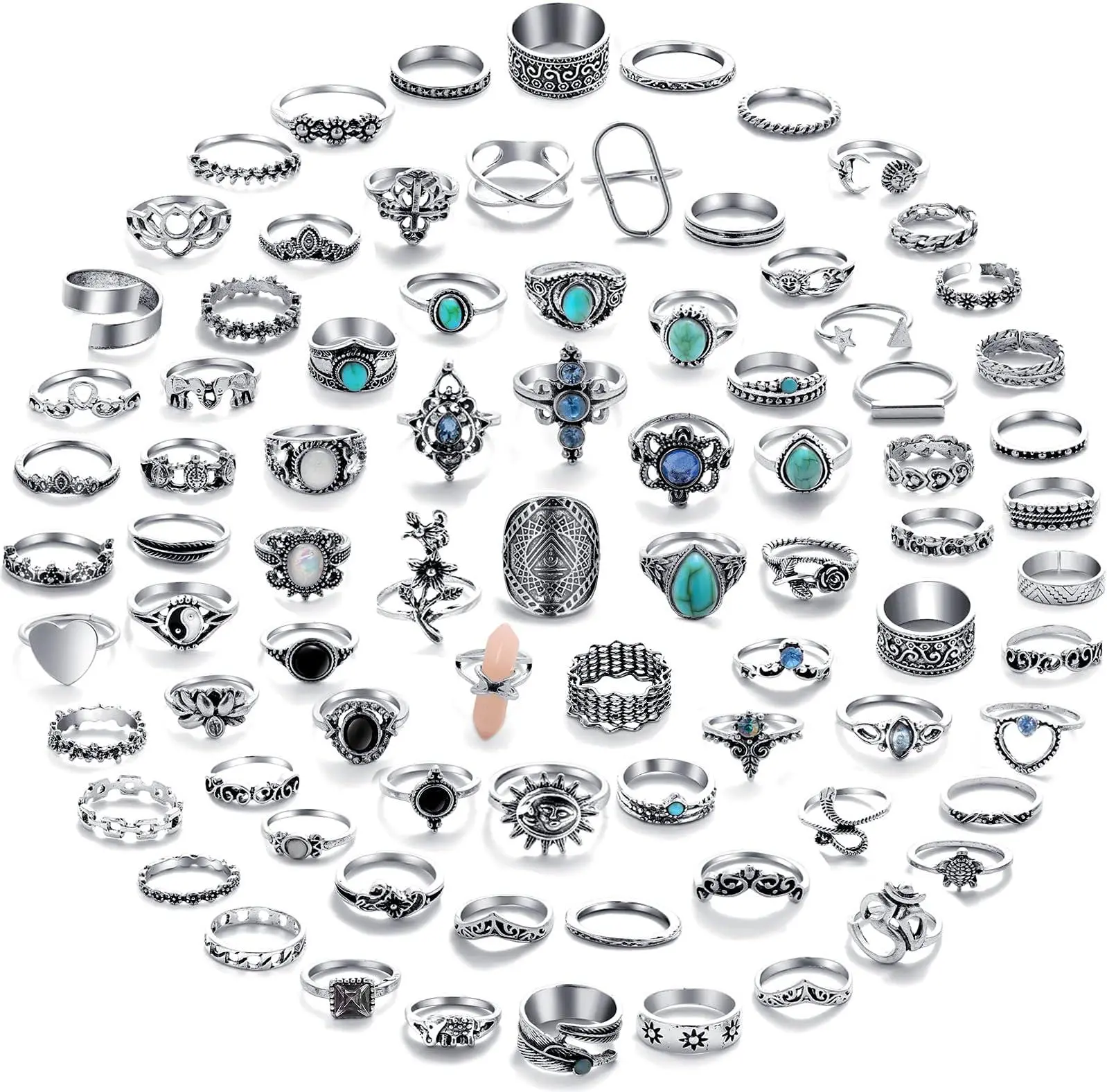 82PCS Vintage Silver Knuckle Rings Set for Women, Bohemian Stackable Joint Finger Rings, Retro Stone Crystal Stacking Rings