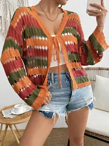 Women's Colorful Striped Pattern Soft Knit Longline Cardigan, Casual Long Sleeve Tie Front Knitwear for Summer, Fashion Women's Knit Clothing for Daily Wear, Tops