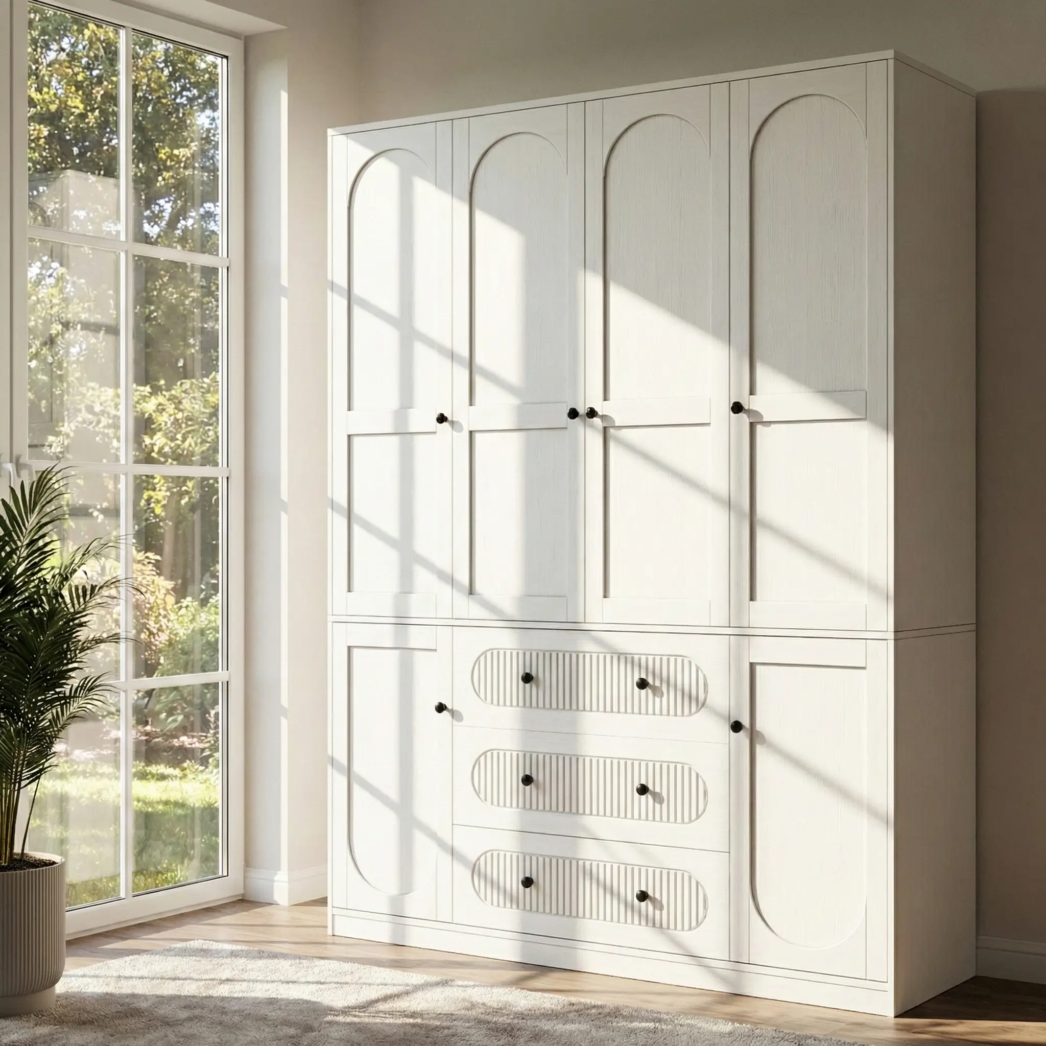 TOKSOM Waterproof MDF Wardrobe - 72"H, 55.1"W 3-Door Bedroom Storage Cabinet with 6 Adjustable Shelves & 3 Large Drawers, White & Black Drawer Storage Wardrobe Organizer, Drawer Storage Wardrobes