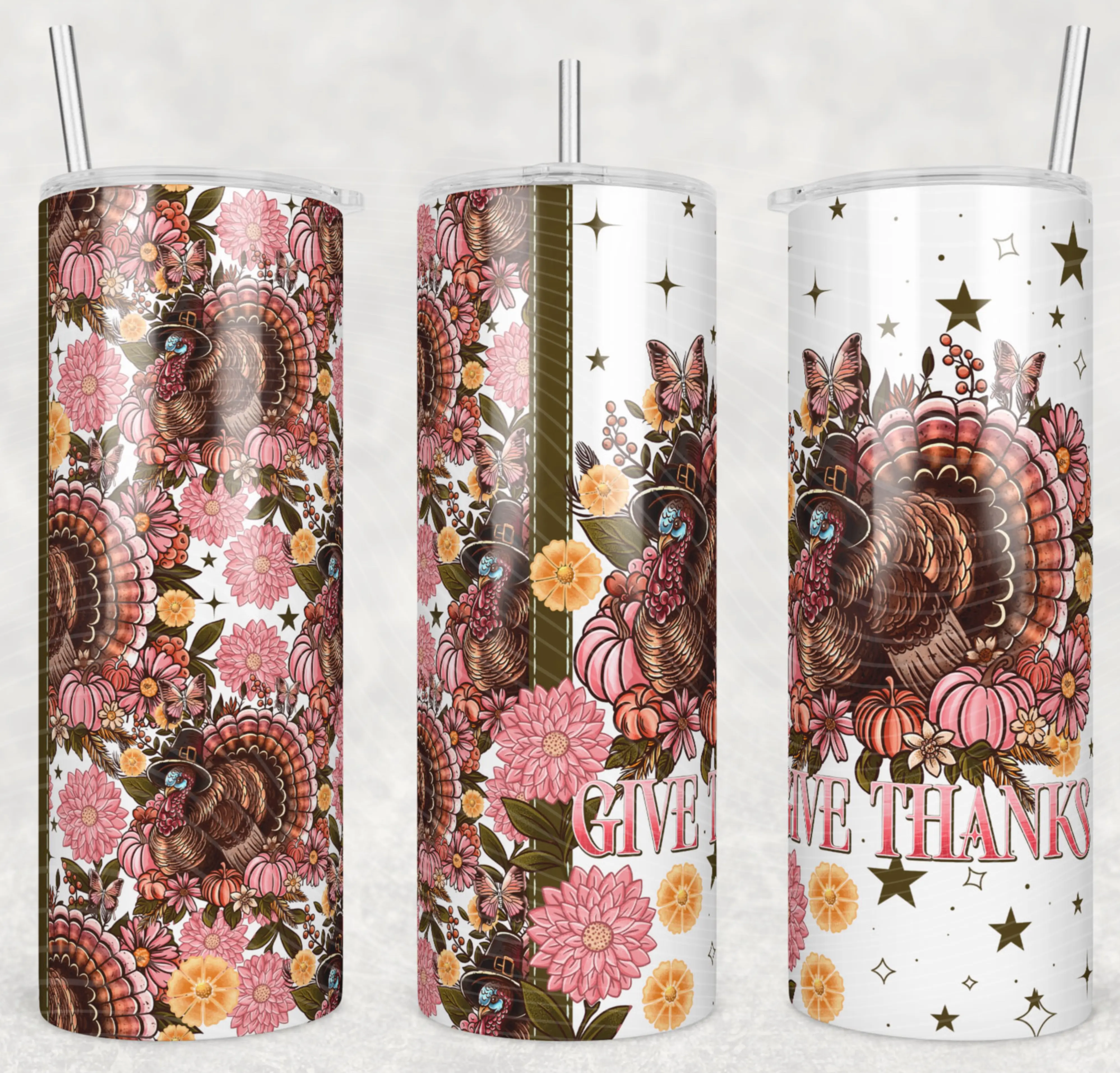 Floral Turkey "Give Thanks" Insulated Tumblers (20oz-40oz Blush Pink Fall Hostess Drinkware) - BPA-Free Double-Walled Stainless Steel Reusable Cups with Lid, Straw, Plastic-Free for Fall Coffee Runs