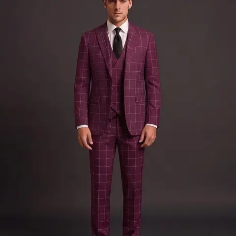 Men's 3-Piece Chic Retro Tailored Suit Set - Vest with V-Neck Buttons, Long-Sleeve Plaid Burgundy/Beige Fabric, Formal Matching Pants for Business, Groom, Party Occasions