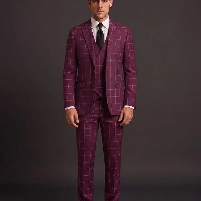 Men's 3-Piece Chic Retro Tailored Suit Set - Vest with V-Neck Buttons, Long-Sleeve Plaid Burgundy/Beige Fabric, Formal Matching Pants for Business, Groom, Party Occasions