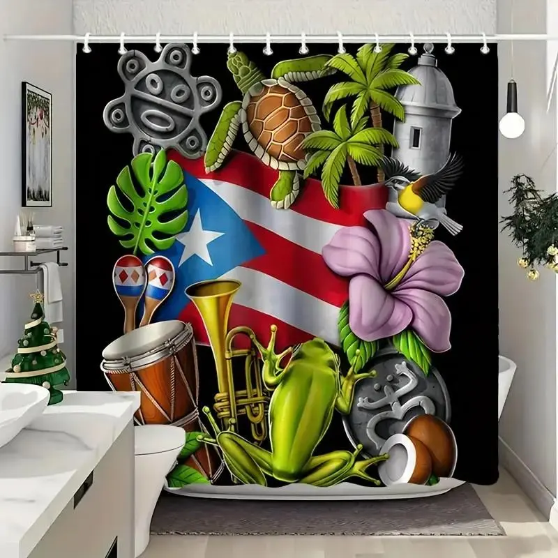 1pc Puerto Rican style shower curtain, perfect for bathroom decoration, partition, beautification space, durable polyester material, easy to clean, machine washable, multiple sizes available, free hook, Bathroom Accessory, One Piece