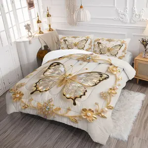 Butterfly-Patterned Bedding Set — 2/3-Piece Jewel-Print Comforter Set. Full-Size Design Fits Most Bed Types; Offers Luxurious, Aesthetic Bedroom Decor That Is Soft and Breathable. Includes 1 Quilt and 1 Or 2 Pillowcases.