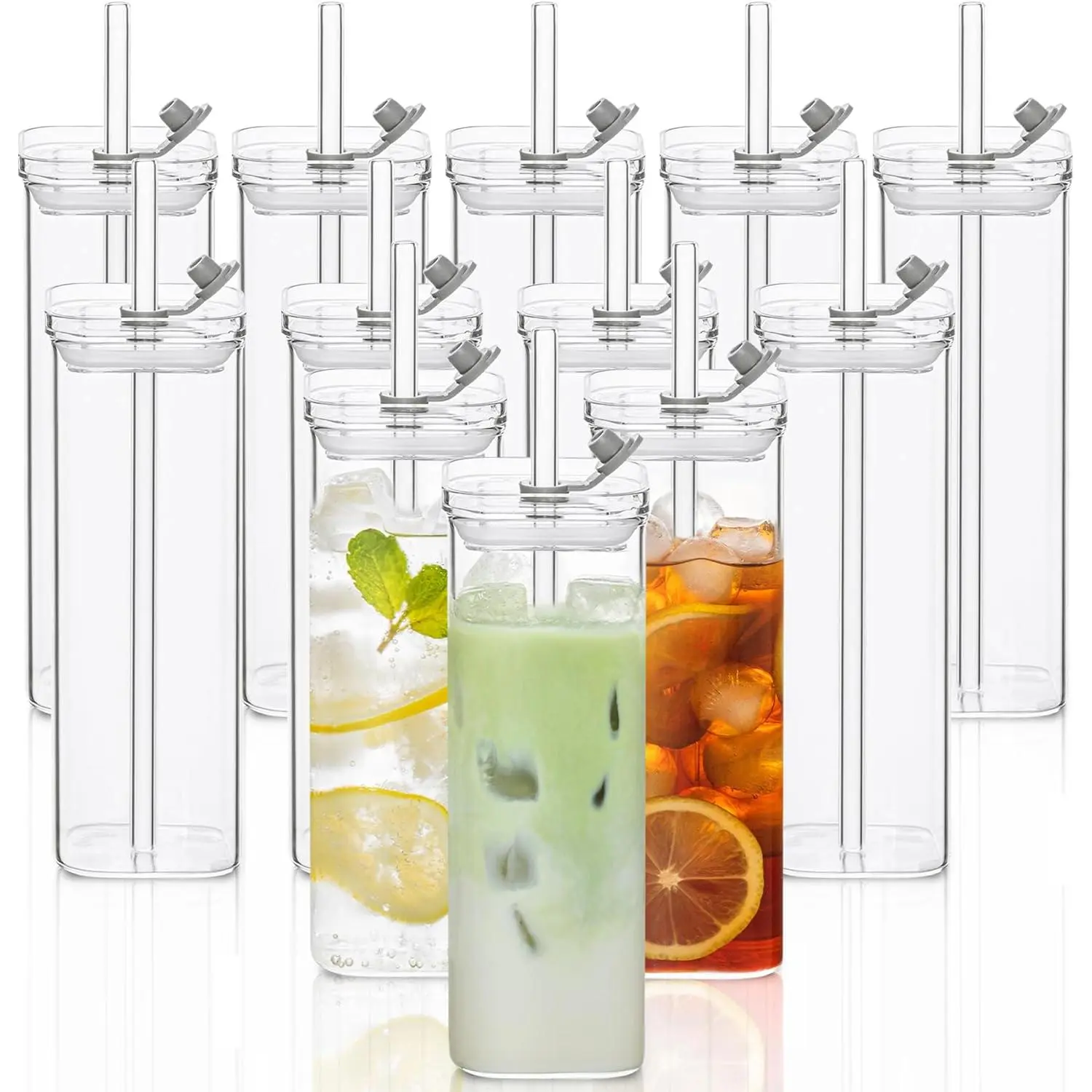 12 Sets Square Drinking Glass Cups with Lids & Straws, 17 Oz Clear Highball Glasses for , Iced Coffee, Juice,  - Modern Glass Tumblers