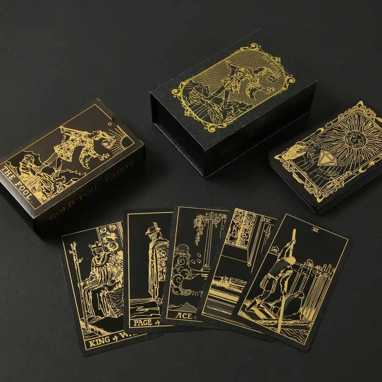 SDIK&SSIK Black Gold Tarot Cards with Guide Book - Waterproof, Wrinkle-Resistant Foil Tarot Deck for Beginners, Includes Chakras, Planets, Zodiac Signs, Elements, Affirmations, Summerwins