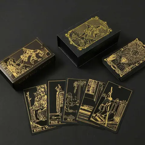 SDIK&SSIK Black Gold Foil Tarot Cards Deck - 1 Unisex Waterproof Wrinkle-Resistant Set with Guide Book, Celestial Cues (Planets, Zodiac Signs), Chakras, Elements, Affirmations for Beginners' Clarity (Novelty Fortune Telling Toy), Includes Chakras, Planets