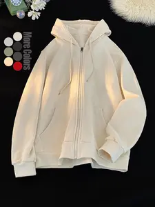 Unisex Men's Solid Zip Up Hooded Jacket, Loose Casual Long Sleeve Zip Front Outerwear for Fall & Winter, Men's Clothes for Daily Wear