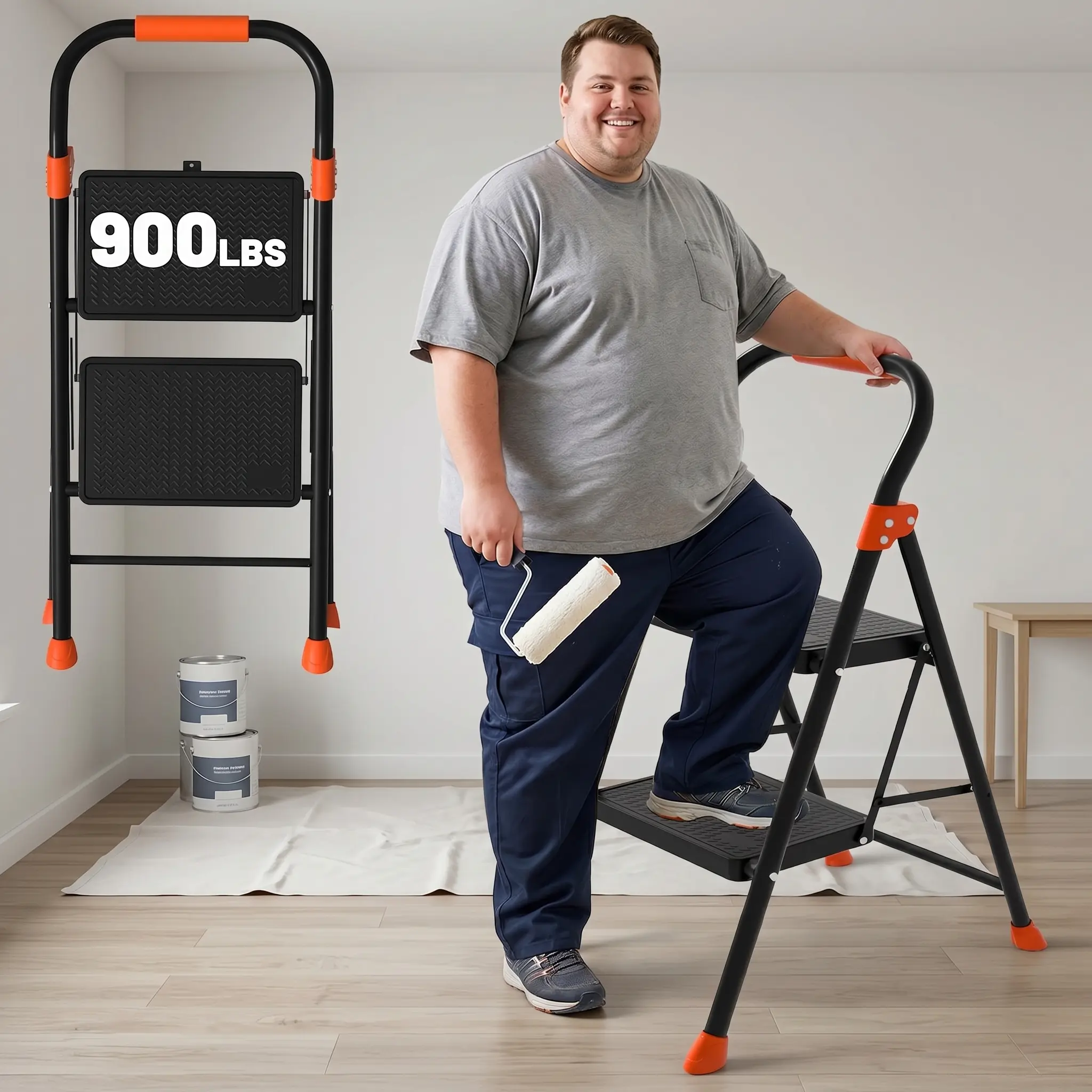 2 Step Ladder, 900 lbs Capacity Heavy Duty Step Stool with Safety Lock, Black Sturdy Step Ladder with Wide Anti-Slip Pedal, Folding Step Stool with Orange Cushioned Handle for Kitchen, Home & Garage