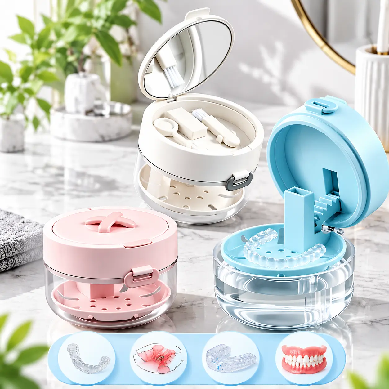 3-in-1 Retainer Cleaning Case with Drain Tray, Multifunction Denture & Aligner Storage Box
