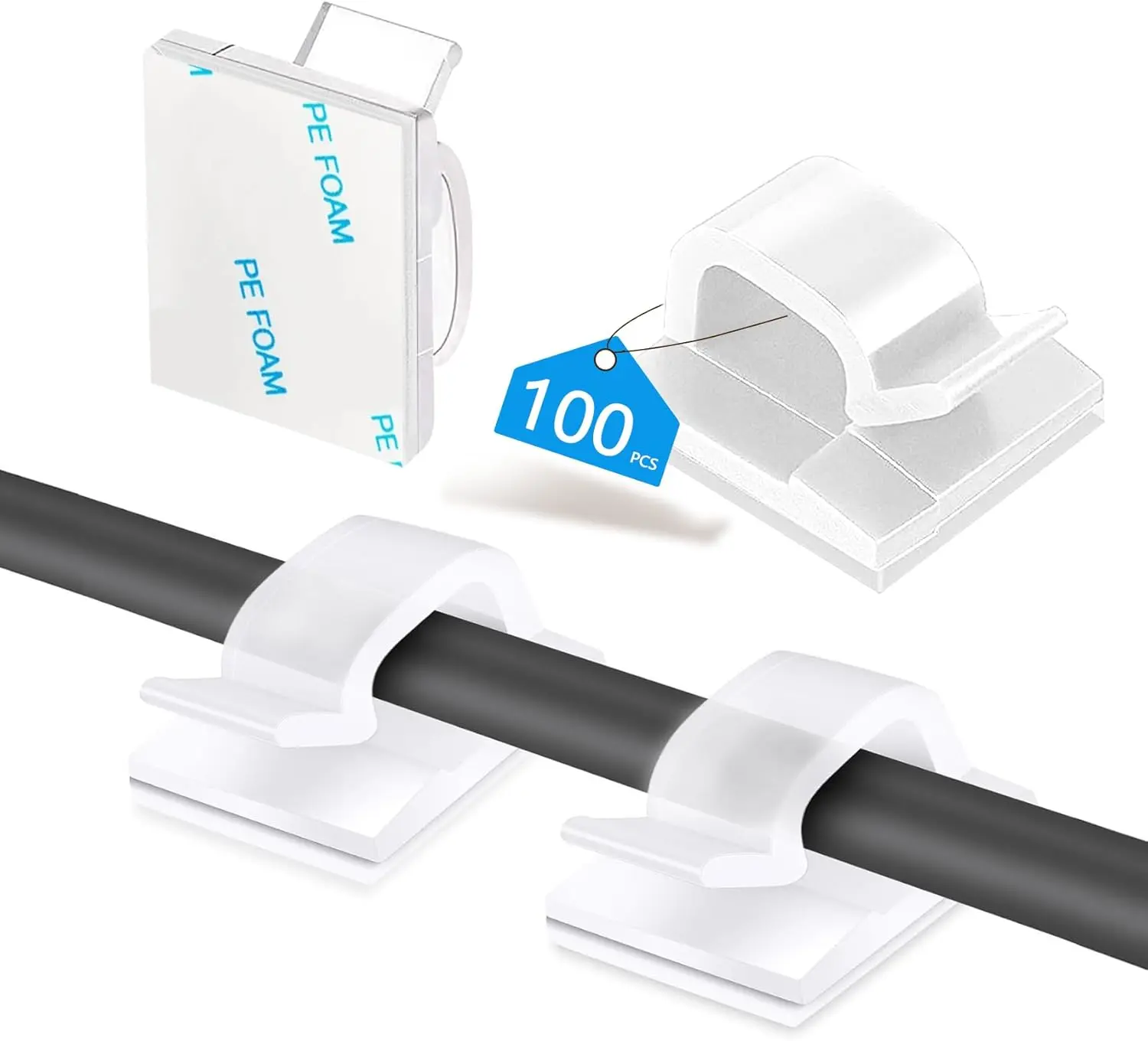 100PCS Cable Clips, Adhesive Wire Clips Organizer Cord Clips Management, Cable Staples Outdoor Strong for Wall, Desk, Christmas Lights, String Lights, TV PC Ethernet Cable, Clear Small