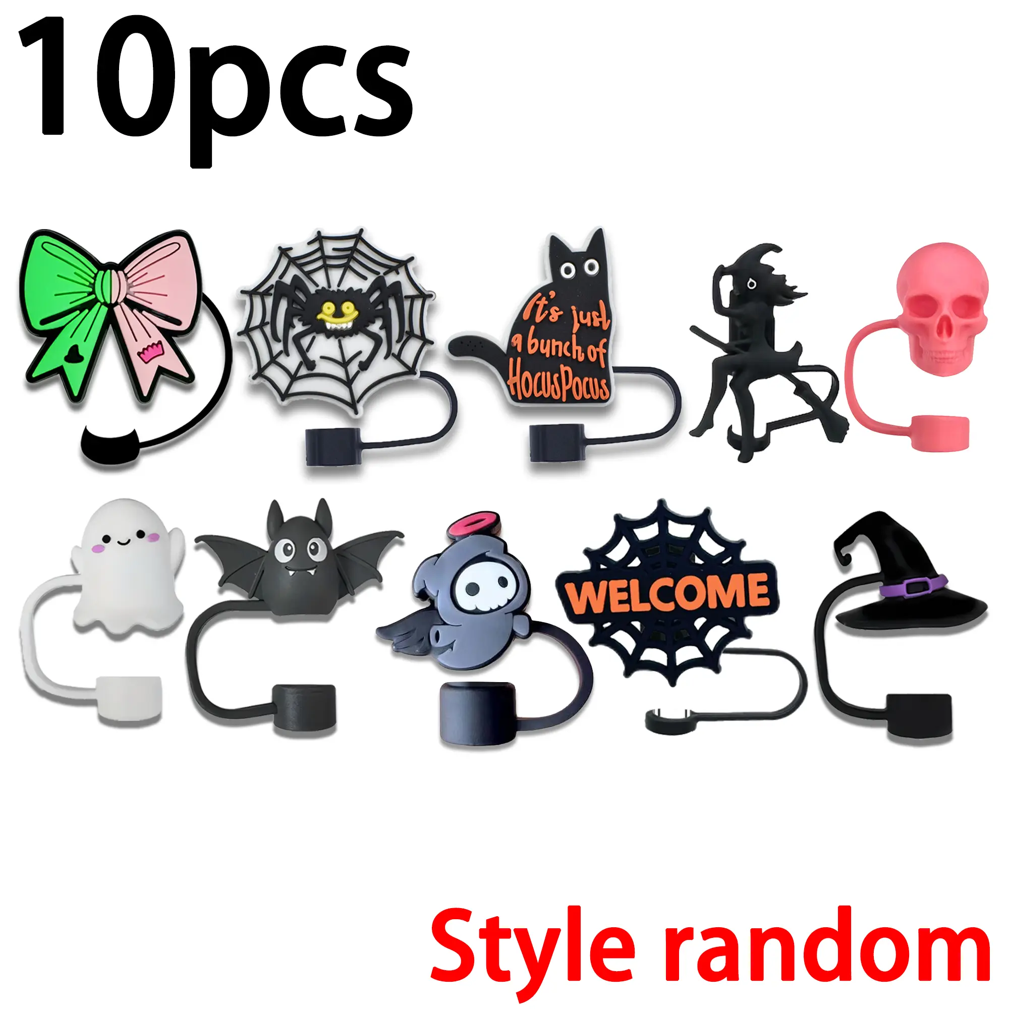 Halloween Theme Straw Caps Set, Reusable Straws for 10mm Pipes, Includes 3D & 2D Styles, Party Favors, Not Included Cups and Straws, Straw Plugs, Straw Toppers for Tumblers, Straw Covers, Drinkware, Tumbler Accessories