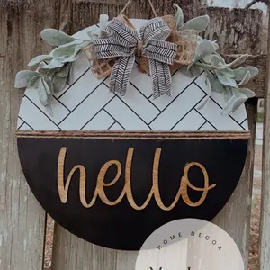 Black and white hello wood stained door sign hanger