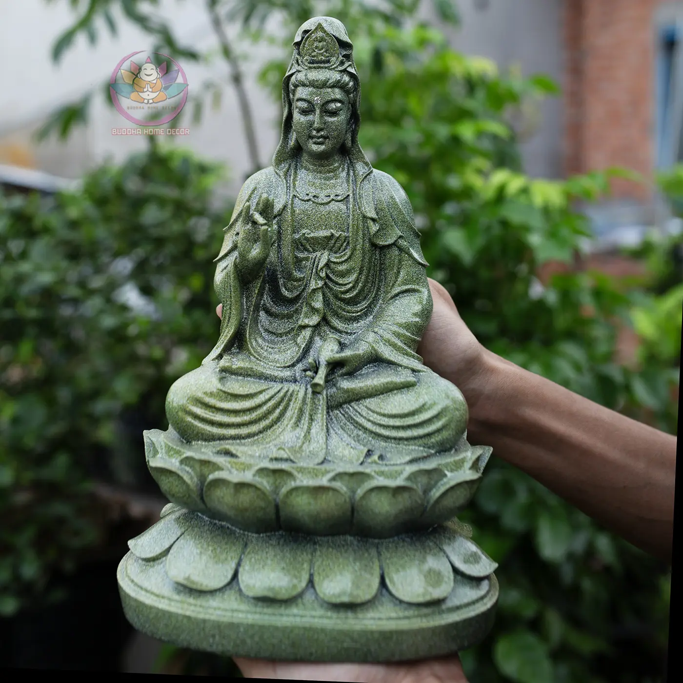 Quan Yin Bodhisattva Statue 11.8" Green Stone Finish Seated Guanyin on Lotus Pedestal Composite Resin Zen Decor