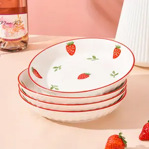 4/6PCs Ceramic 8-Inch Plate, Pink Cute Ceramic Plate, Strawberry Dinner Plate, Salad Dish, Dessert Plate, Family Dormitory Kitchen Restaurant, Tableware Accessories, Kitchen Supplies