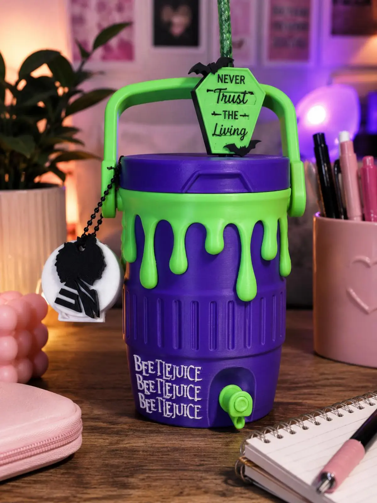 Beetlejuice Cooler Jug - 3D Printed Purple Green Drink Cooler with Straw Topper & Can Opener