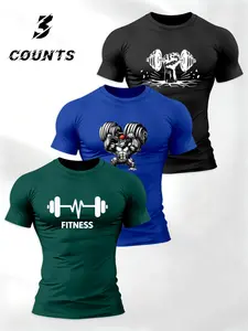 Men's Gorilla Dumbbell Fitness Print Round Neck Short Sleeve Casual T-Shirt, Gym Tee, Gym Shirts, Sporty 3 Piece Set, Summer Fashion Outdoor Activities