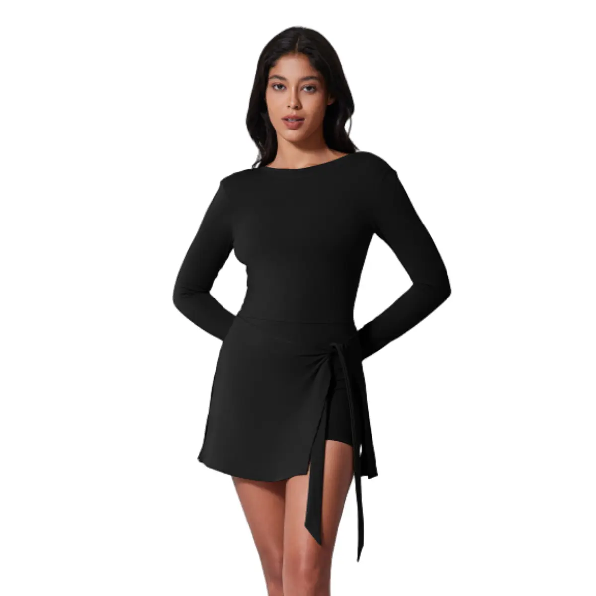 Sporty Women's 2-in-1 Tie Front Split Hem Sports Dress Long Sleeve Skinny Romper for Hiking Tennis Biking Pilates All Seasons Exercise Activewear must have chic look elegant figure flattering