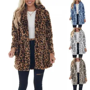 Women Winter Warm Faux Fur Coat Fashion Casual Turn-down Collar Leopard Jackets Ladies Streetwear Long Sleeve Pockets Overcoats