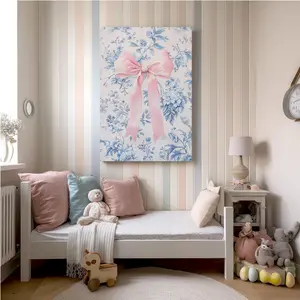 French Sweet Bow Wall Art Toile de Jouy Style Blue & White Floral Decor for Girlish Living Room Home Accent Elegant Design Versatile Decor