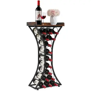 【FathersDayGift】VEVOR 15 Bottle Wine Rack,Iron Freestanding Floor Wine Holder, Mini Bar Stand Liquor Cabinet with Wood Tabletop, For Home Bar,Kitchen,Living Room,Dining Room,16.9''L X 11.4''W X 35.2''H