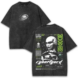 Retro Cybertruck Oversized Tee | Washed 260GSM Streetwear Shirt | Front Galaxy Print & Back AI Cyber Design Vintage Cotton Top Menswear Graphics