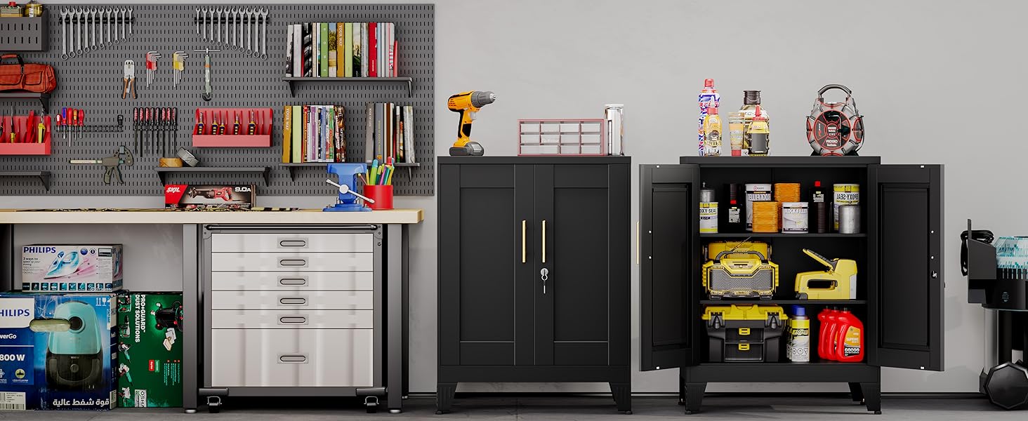 36" Tall Metal Storage Cabinet with Lock – 2 Doors & 2 Adjustable Shelves – Black Freestanding Unit for Home, Office or Garage Dresser Charging Lighted LED