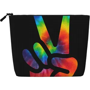 Tie Dye Peace Sign Logo Imitation Linen Cosmetic Bag, Travel Wash Bag, Cosmetic Storage Bag