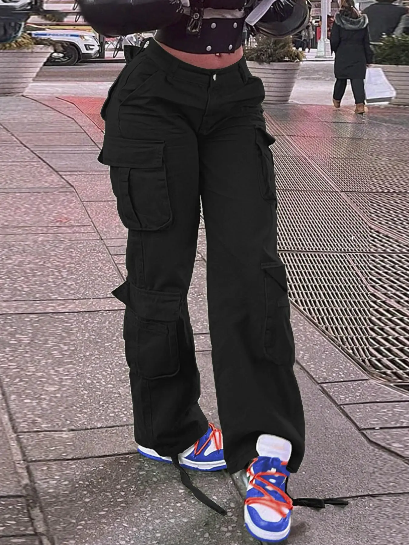 Women's Plain Drawstring High Waist Button Cargo Pants, Casual Streetwear Pocket Design Trousers for Daily Wear, Ladies Bottoms for All Seasons