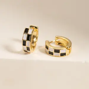 [Y2K Trend] Black and White Checkerboard Hoop Earrings for Women | 18K Gold Plated Enamel Checkered Huggie Earrings | Hypoallergenic & Tarnish-Free Jewelry | Minimalist Retro Earring Gift for Her | 2026 TikTok Viral Essentials men