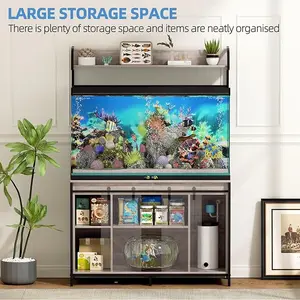 55-75 Gallon Fish Tank Stand with Power Outlets, Heavy Duty Metal Frame Aquarium Stand with Barn Door, Turtle Reptile Terrariums Stand, 1000LBS Capacity, Furniture