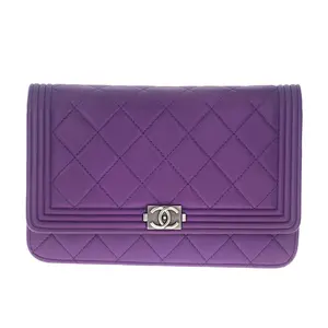 Pre-owned CHANEL Leather Small Leather Goods Quilted Boy Wallet on Chain Purple