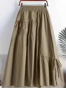 【Plus Size】 Solid Drawstring Waist Cargo Skirt, Loose Feeling Skirt, Casual Fashion A Line Midi Skirt for Daily Outdoor Wear, Women's Bottoms for Spring & Fall