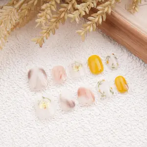 Handmade Flowers Nails, Gold Foiling Floral Short Round, Sticker Style,Birthday Gift for Her,Christmas