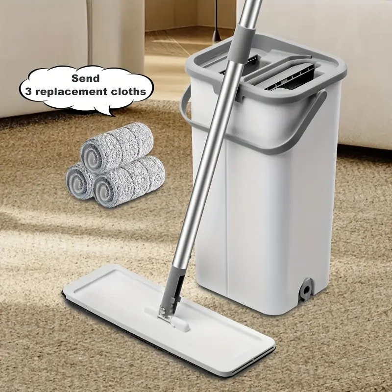 [Hands-free | Wet&Dry] Durable Hands-free Flat Dust Mop with Bucket | Wet And Dry Cleaning, Perfect for Bedroom, Kitchen, Living Room, Bathroom | Household Floor Mop Tool, Comes with 3 Replacement Mop Heads
