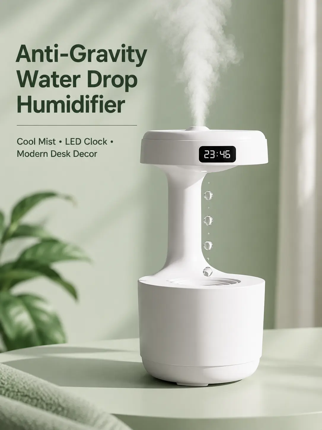 Anti-Gravity Water Drop Humidifier with LED Clock, Cool Mist Desktop Humidifier for Bedroom, Office, Dorm & Nightstand