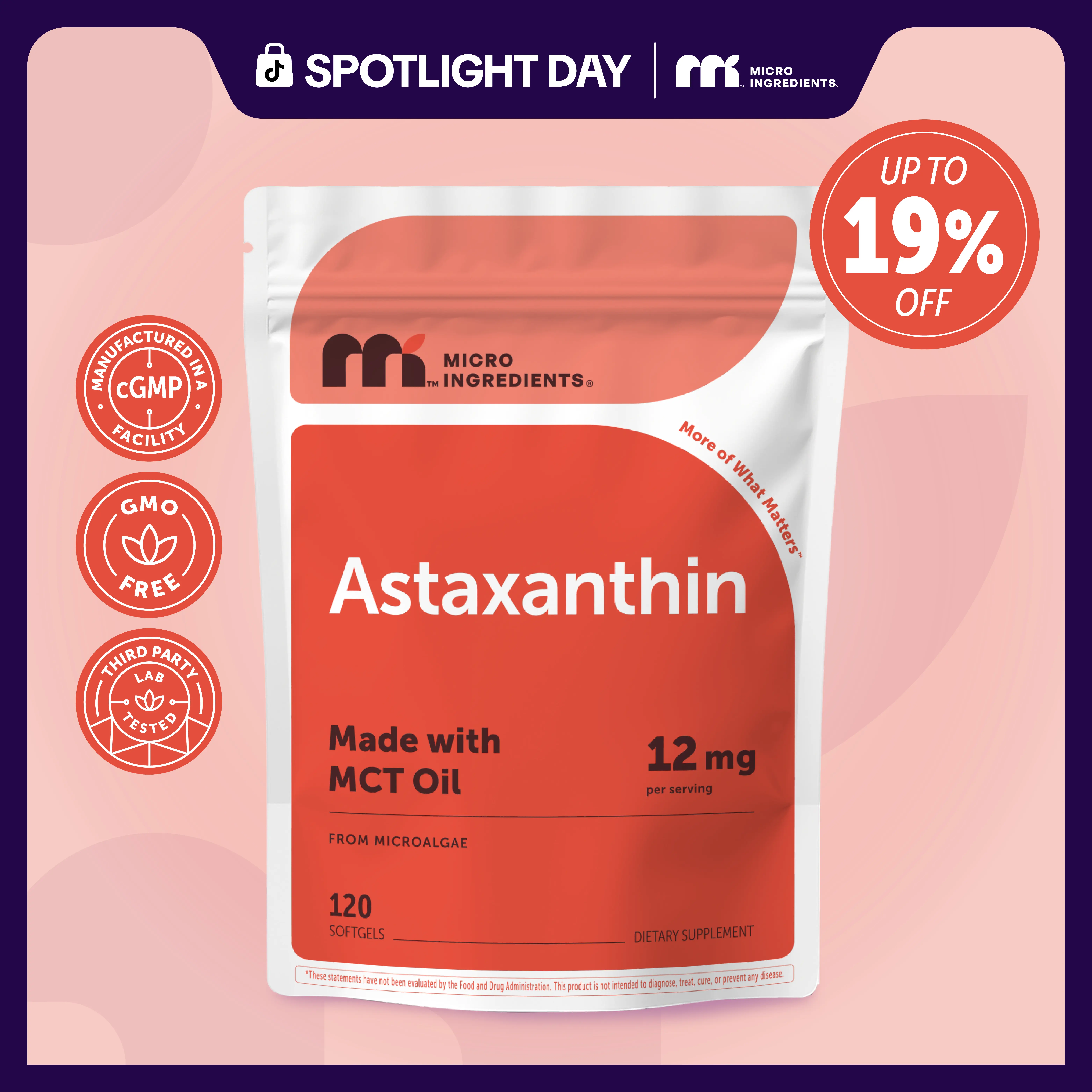 Micro Ingredients Astaxanthin 12mg | Natural Tanning, Fresh Microalgae Source, Easy to Swallow