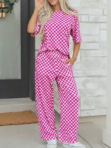 Women's Casual Checkered Print Half Sleeve T-Shirt and Pockets Long Pants Set, All Seasons Wear