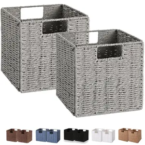Wicker Baskets, Set of 2 Hand-Woven Wicker Storage Basket, Foldable Cubes Storage Bins Large Storage Baskets for Organizing Storage, Woven Basket Cube Organizer and Decor, Gray (11″×11″×11″)