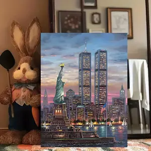 1pc Art Deco Modern Poster, New York City Skyline with Statue of Liberty Canvas Print, Contemporary Landscape Wall Art, Frameless Portrait Orientation, 30.48cm x 40.64cm, with Wall Hanging Decor for Home Office, Living Room, Bedroom, Dining Room, Indoor/O