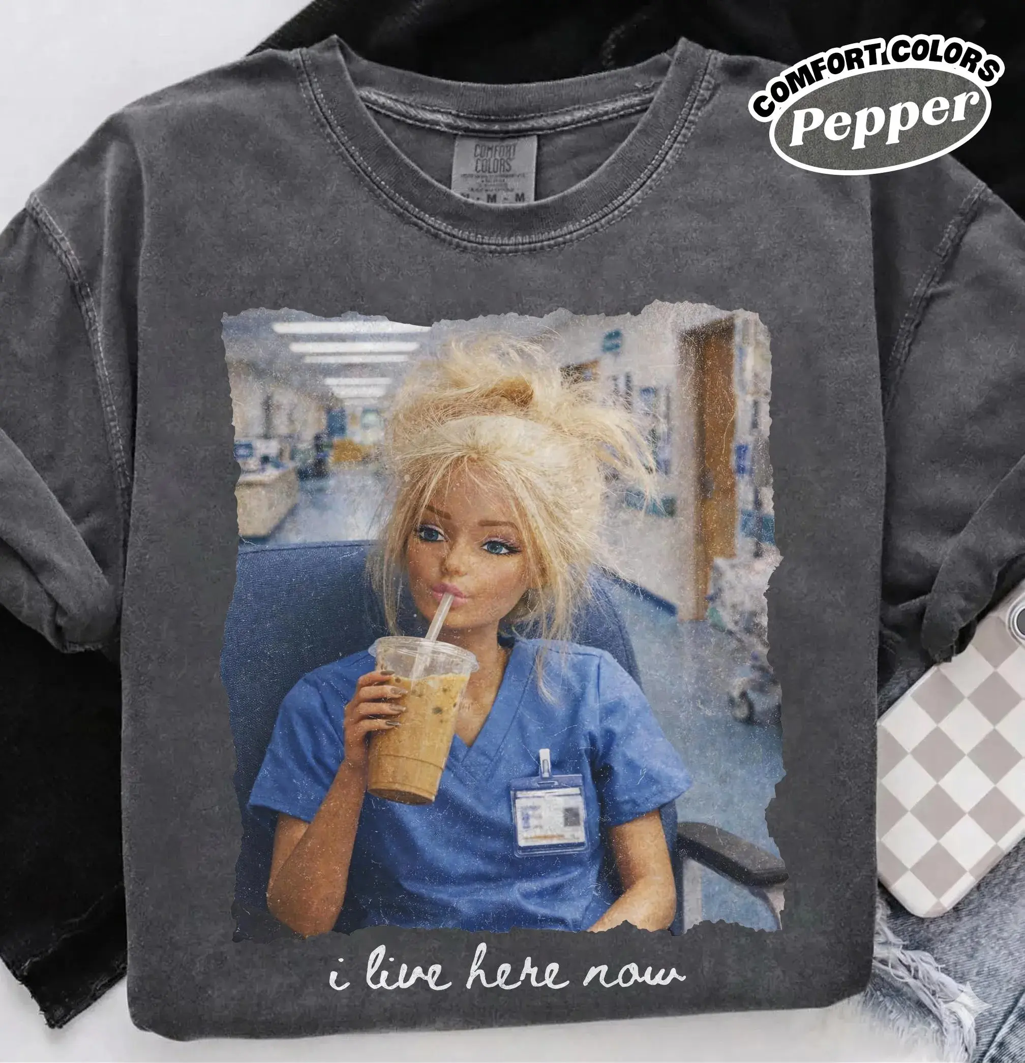 Comfort Colors Funny Nurse Doll Shirt, I Live Here Now Meme Shirt, Disgusting Doll Face Shirt, Nurse Life Shirt, Medical Humor Tee,Booked And Busy Nurse Gift