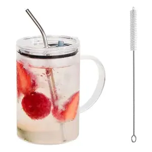 1000ml Large-Capacity Glass Cup, Mug, Coffee Cup with Lid and Stainless Steel Straw, Straw Cleaning Brush